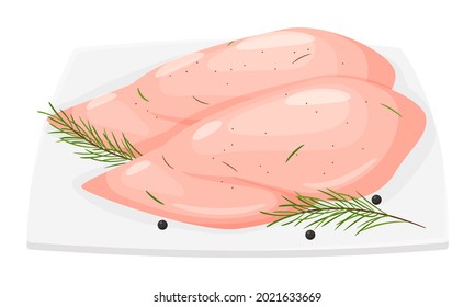 Pechuga de pollo en un plato. Platos de carne hechos a mano con un sorbo de romero y pimienta. Ilustración alimentaria en un estilo de dibujos animados planos. Vector. Aislado sobre blanco