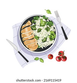 Chicken breast with rice and broccoli on a plate top view vector illustration isolated on white background.Healthy food concept.Plate with healthy food and cutlery cartoon realistic style drawing