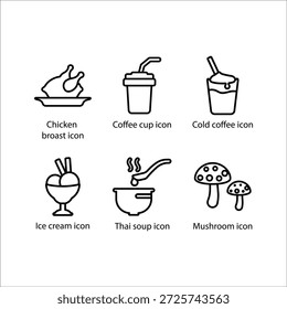 Broast de pollo, taza de café, café frío, helado, sopa tailandesa, champiñón, icono