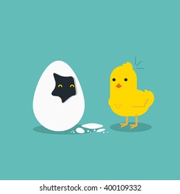 Chicken and broken egg. Vector illustration. Flat design.