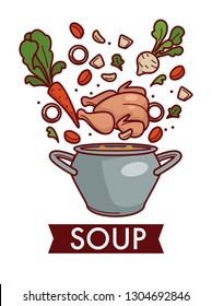 Chicken broth or bouillon soup in saucepan cooking and culinary recipe vector vegetables and poultry meat carrot and celery garlic and onion rings pepper and liquid cuisine main course isolated dish.