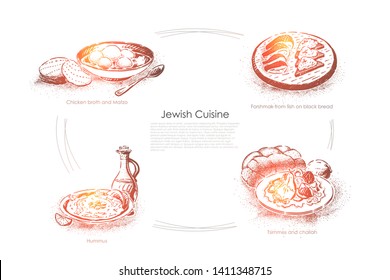 Chicken broth and matzo, forshmak from fish on black bread, hummus, tsimmers and challah, jewish cuisine banner