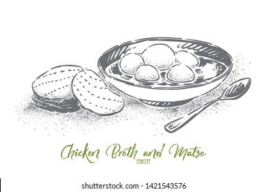 Chicken broth with matzo, traditional jewish cuisine, homemade food, kosher lunch, soup with bread balls. Israeli kneidlach dish, delicious cooking concept sketch. Hand drawn vector illustration