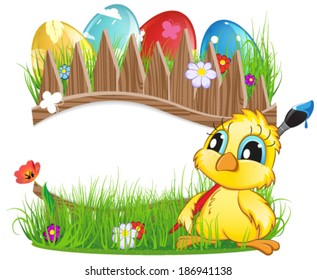 Chicken with brush and colorful Easter eggs in the meadow. Easter background