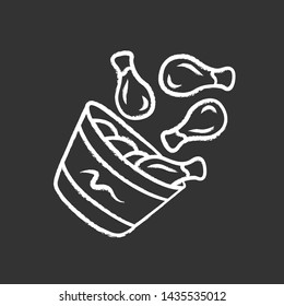 Chicken bucket chalk icon. BBQ chicken drumsticks, legs. Unhealthy fast food. Cafe, restaurant, snack bar, steakhouse menu. Meat cookery. Street food. Isolated vector chalkboard illustration