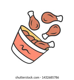 Chicken bucket color icon. BBQ chicken drumsticks, legs. Unhealthy fast food. Cafe, restaurant, snack bar, steakhouse menu. Meat cookery. Street food. Isolated vector illustration