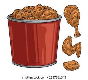 Chicken bucket colorful logotypes detailed chickling legs and wings and breast fillet nuggets from fast food restaurant menu vector illustration