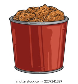 Chicken bucket emblem colorful detailed ruddy pieces of fried breaded meat in red bucket from fast food restaurant vector illustration