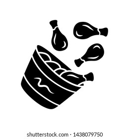 Chicken bucket glyph icon. BBQ chicken drumsticks, legs. Unhealthy fast food. Cafe, steakhouse menu. Meat cookery. Street food. Silhouette symbol. Negative space. Vector isolated illustration