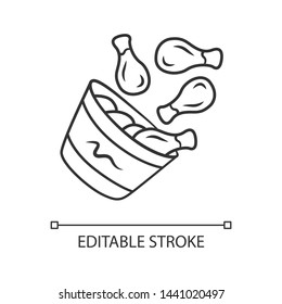 Chicken bucket linear icon. BBQ chicken drumsticks, legs. Unhealthy fast food. Restaurant, steakhouse menu. Thin line illustration. Contour symbol. Vector isolated outline drawing. Editable stroke
