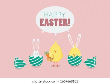chicken and bunny creacking from egg. Happy easter greeting card