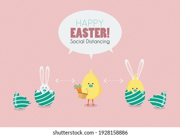 chicken and bunny creacking from egg. Happy easter greeting card