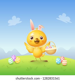Chicken with bunny ears and basket with decorated eggs celebrate Easter - spring landscape background
