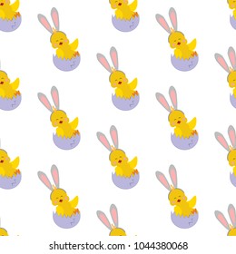 Chicken with bunny ears seamless pattern on the white background. Vector illustration