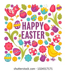 Chicken and bunny eggs and tulips Easter religious holiday vector flowers and festive symbols rabbit and hen greeting and celebration Christian religion event spring blossom and symbolic animals.