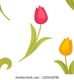 Chicken and bunny eggs and tulips Easter religious holiday vector flowers and festive symbols rabbit and hen greeting and celebration Christian religion event spring blossom and symbolic animals.