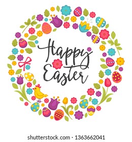 Chicken and bunny eggs and tulips Easter religious holiday vector flowers and festive symbols rabbit and hen greeting and celebration Christian religion event spring blossom and symbolic animals