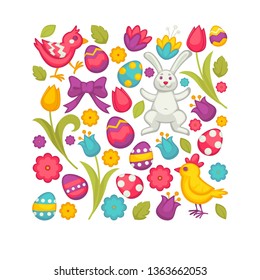 Chicken and bunny eggs and tulips Easter religious holiday vector flowers and festive symbols rabbit and hen greeting and celebration Christian religion event spring blossom and symbolic animals