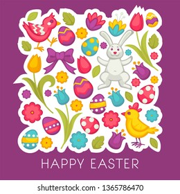 Chicken and bunny eggs and tulips Easter religious holiday vector flowers and festive symbols rabbit and hen greeting and celebration Christian religion event spring blossom and symbolic animals