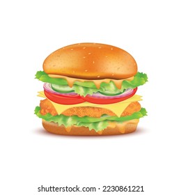 Chicken burger fast food isolated on a white background. Realistic 3D Vector EPS10 illustration.