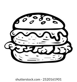 Hamburguesa de pollo dibujado a mano doodle. Sandwich con chuleta de pollo, lechuga, queso. Pan con semillas de sésamo. Salsa de tomate, mostaza. Snack de carne a la parrilla. Comida rápida. Vector boceto línea ilustración de arte.