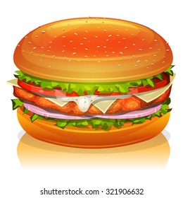 Chicken Burger Icon/
Illustration of an appetizing cartoon fast food chicken burger icon, with tomatoes, red onion, salad leaves, cheese, sauce, white meat paned fried steak and bread buns