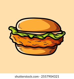 chicken burger isolated colored drawing line art style sketch classic vintage design illustration