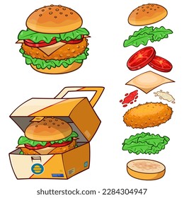 Chicken burger vector illustration. Chicken burger, chicken burger box and chicken burger ingredients vector illustration. 