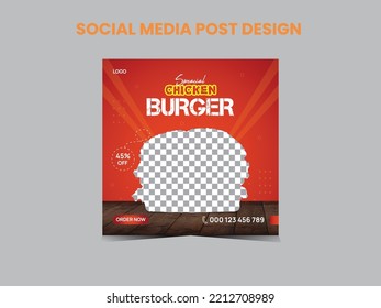 Chicken burger's social media post design, ad campaign, and delicious and healthy food menu template