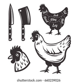 Chicken butchery set of vector objects and design elements in monochrome style isolated on white background