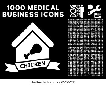 Chicken Cafe icon with 1000 medical commercial white vector design elements. Set style is flat symbols, black background.