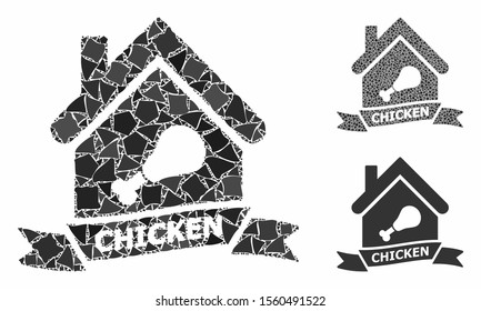 Chicken cafe mosaic of raggy pieces in variable sizes and color tints, based on chicken cafe icon. Vector ragged pieces are combined into mosaic. Chicken cafe icons collage with dotted pattern.