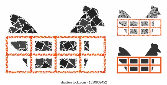 Chicken cage composition of rugged parts in various sizes and color hues, based on chicken cage icon. Vector humpy pieces are organized into collage. Chicken cage icons collage with dotted pattern.