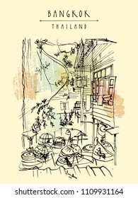 Chicken cages in a backyard in old Bangkok, Thailand. Vertical vintage touristic handdrawn postcard, poster or book illustration in vector