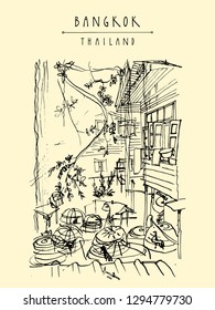 Chicken cages in a backyard in old Bangkok, Thailand. Vertical vintage touristic handdrawn postcard, poster or book illustration in vector