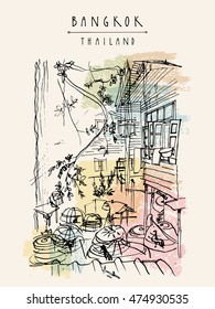 Chicken cages in a backyard in old Bangkok, Thailand. Vertical vintage touristic handdrawn postcard, poster or book illustration in vector