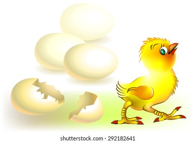 The chicken came out of the eggshell, vector cartoon image.
