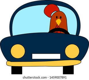 Chicken in a car, illustration, vector on white background.