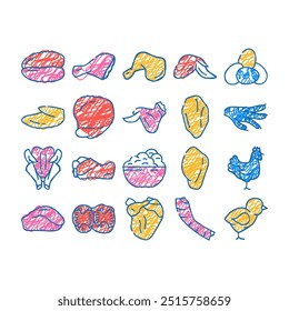 chicken carcass, meat and organs doodle icons set vector. sketch line art chicken broiler skinless and boneless fillet and quarter back, wings and drumstick, liver and heart color illustrations