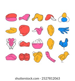 Chicken Carcass, Meat And Organs Icons Set Vector. Chicken Broiler Skinless And Boneless Fillet And Quarter Back, Wings And Drumstick, Liver And Heart. Little Chick Farmland Bird Color Illustrations