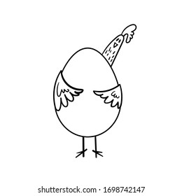 A chicken carries a large egg. Vector stock illustration black outline isolated. The concept of caring farming, eco-production. Hand-drawn chicken with an egg.