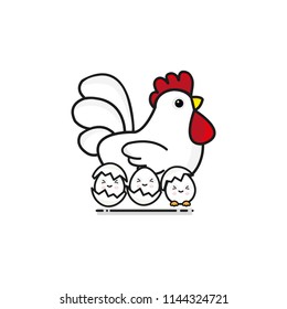 Chicken cartoon character. Cute Chicken mom and egg on white background. Flat design Vector illustration for Mother's Day .