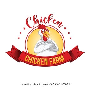 Chicken cartoon character with Chicken Farm banner