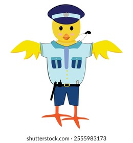 Chicken cartoon character in police uniform; Can be used as logo, icon, sticker, label, clipart