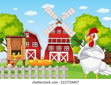 A chicken cartoon character standing in front of farm illustration