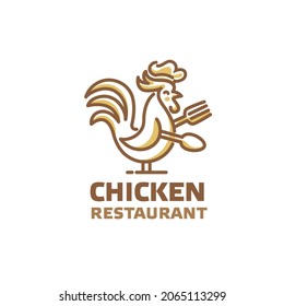 Chicken cartoon with chef hat and carrying spoon and fork vector