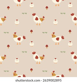 Chicken cartoon so cute. On baby chick grass mushroom background. Pattern seamless vector illustration. 