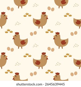 Chicken cartoon so cute. On egg grass background. Pattern seamless vector illustration. 