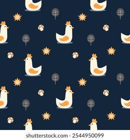 Chicken cartoon so cute. On mushroom sun tree background. Pattern seamless vector illustration. 