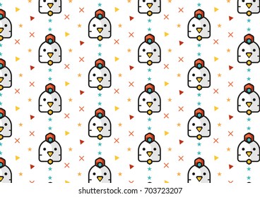 chicken cartoon flat design background, face front chicken pattern with square triangle circle line pattern pop art color, in illustration and animal logo vector design